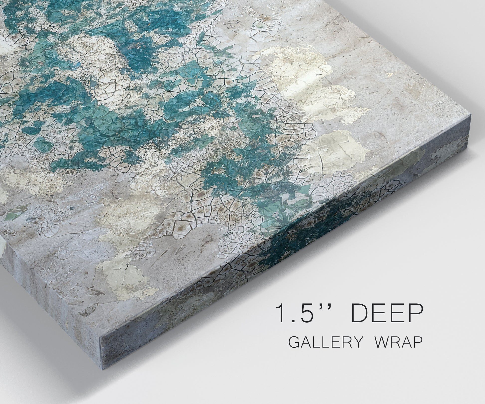 Close-up view of wrapped canvas corner featuring layered mineral abstract textures.