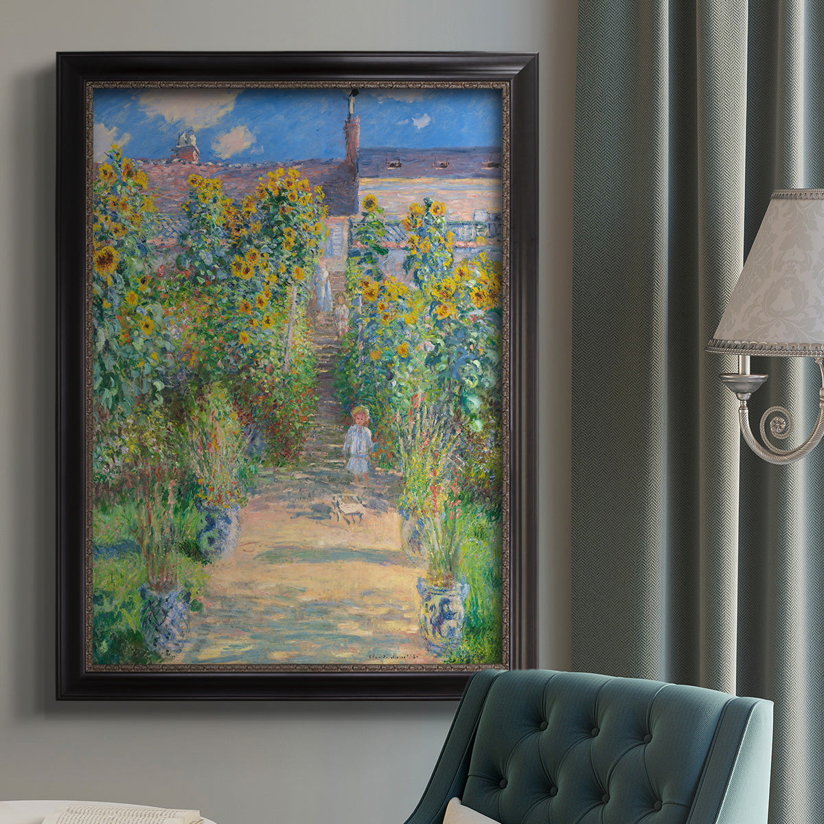 Impressionist garden landscape painting by Claude Monet in an {frame_style_descriptor} displayed in a neutral interior setting.