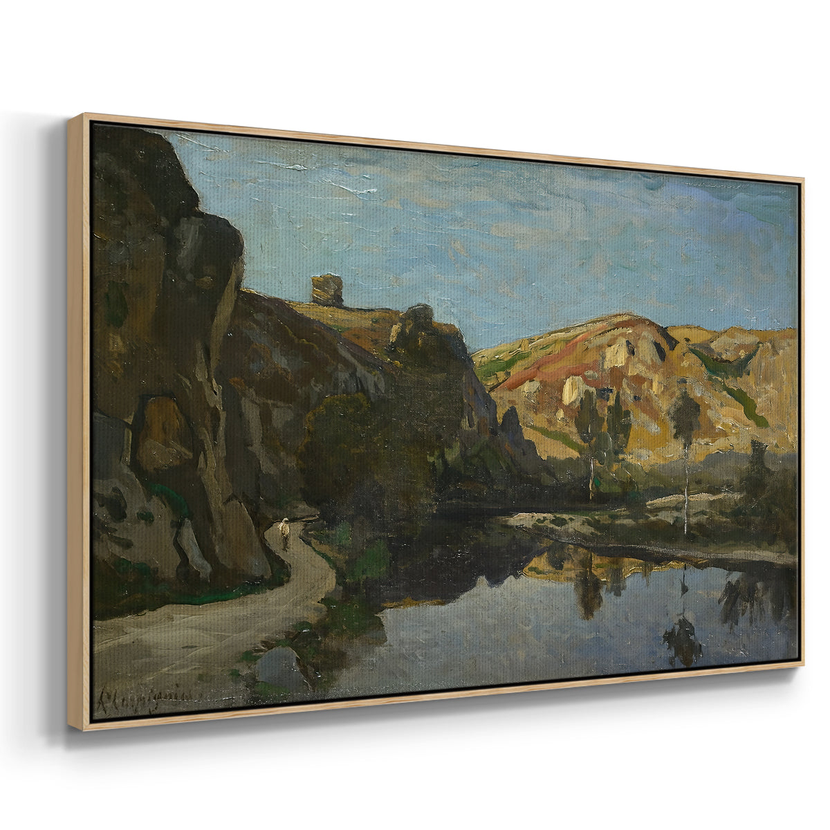 River Landscape with Cliffs, c. 1850-1860 - Floater Framed Canvas Print