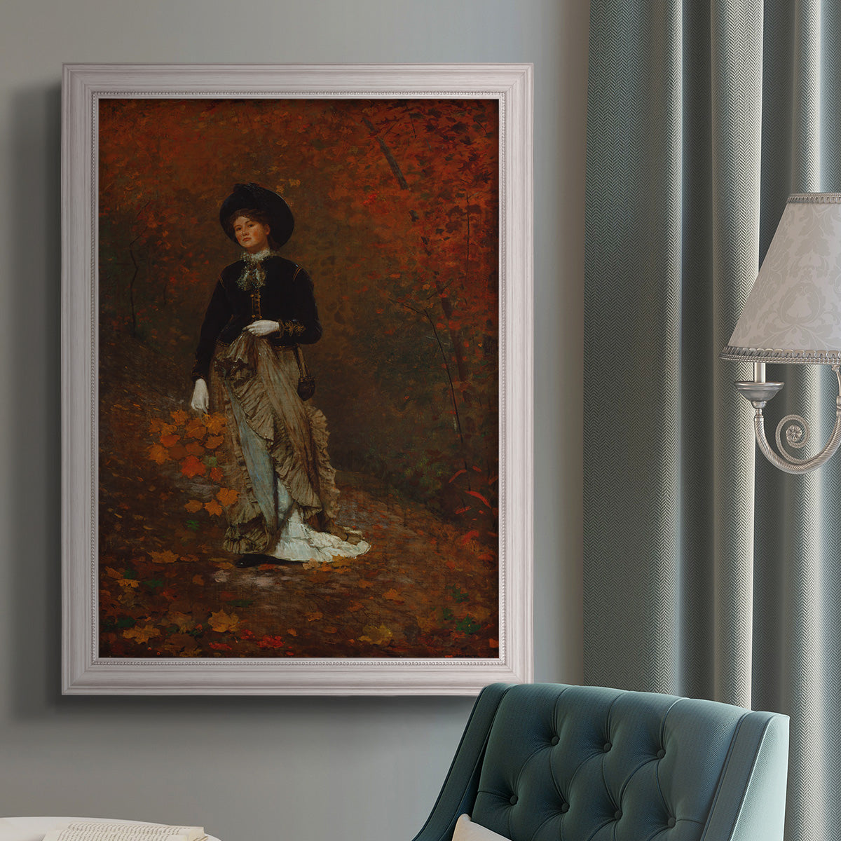 Realist autumn portrait scene by Winslow Homer in an {frame_style_descriptor} displayed in a neutral interior setting.