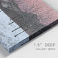 Close-up view of wrapped canvas corner featuring winter sunset snowfall landscape.