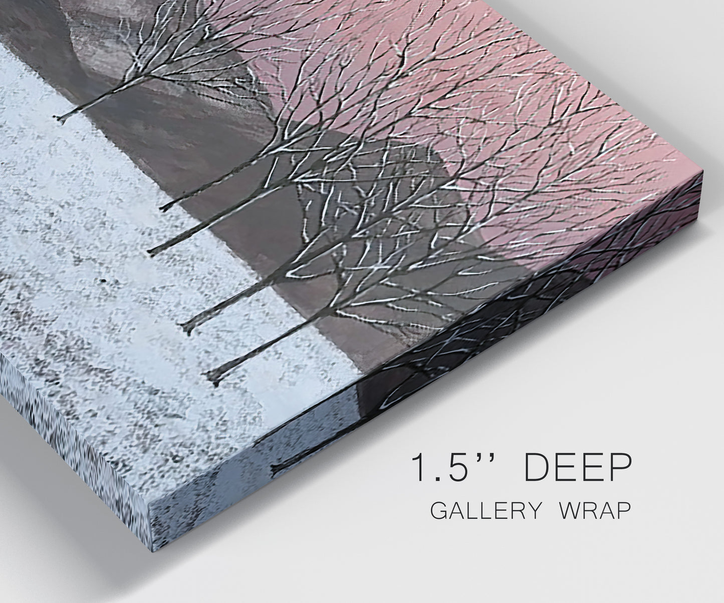 Close-up view of wrapped canvas corner featuring winter sunset snowfall landscape.