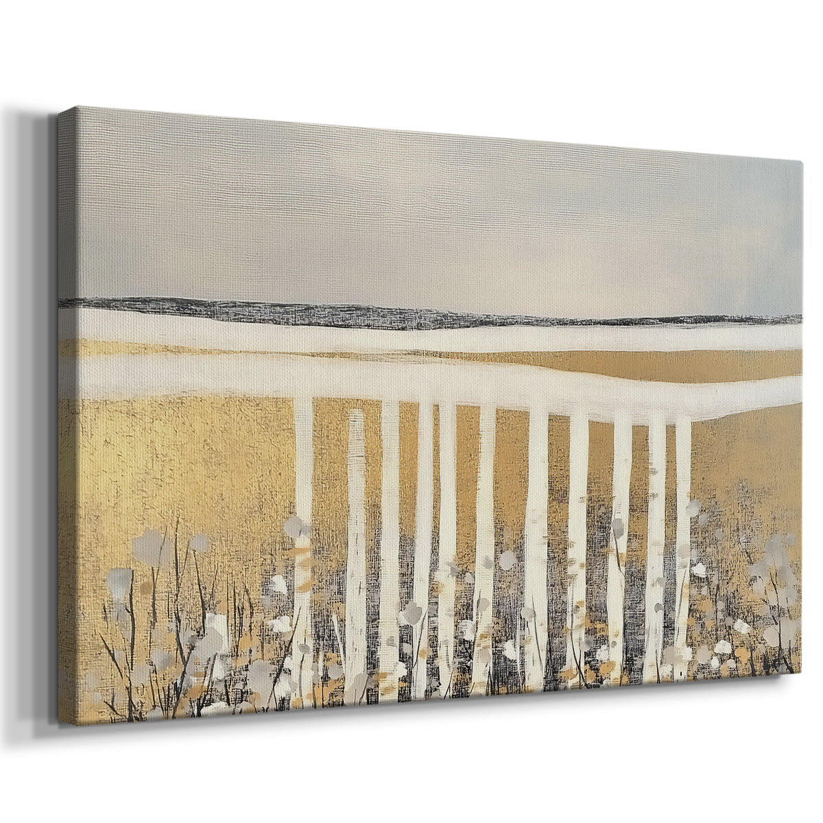 Landscape with white fence and golden fields capturing serene nature in soft tones during the late afternoon light