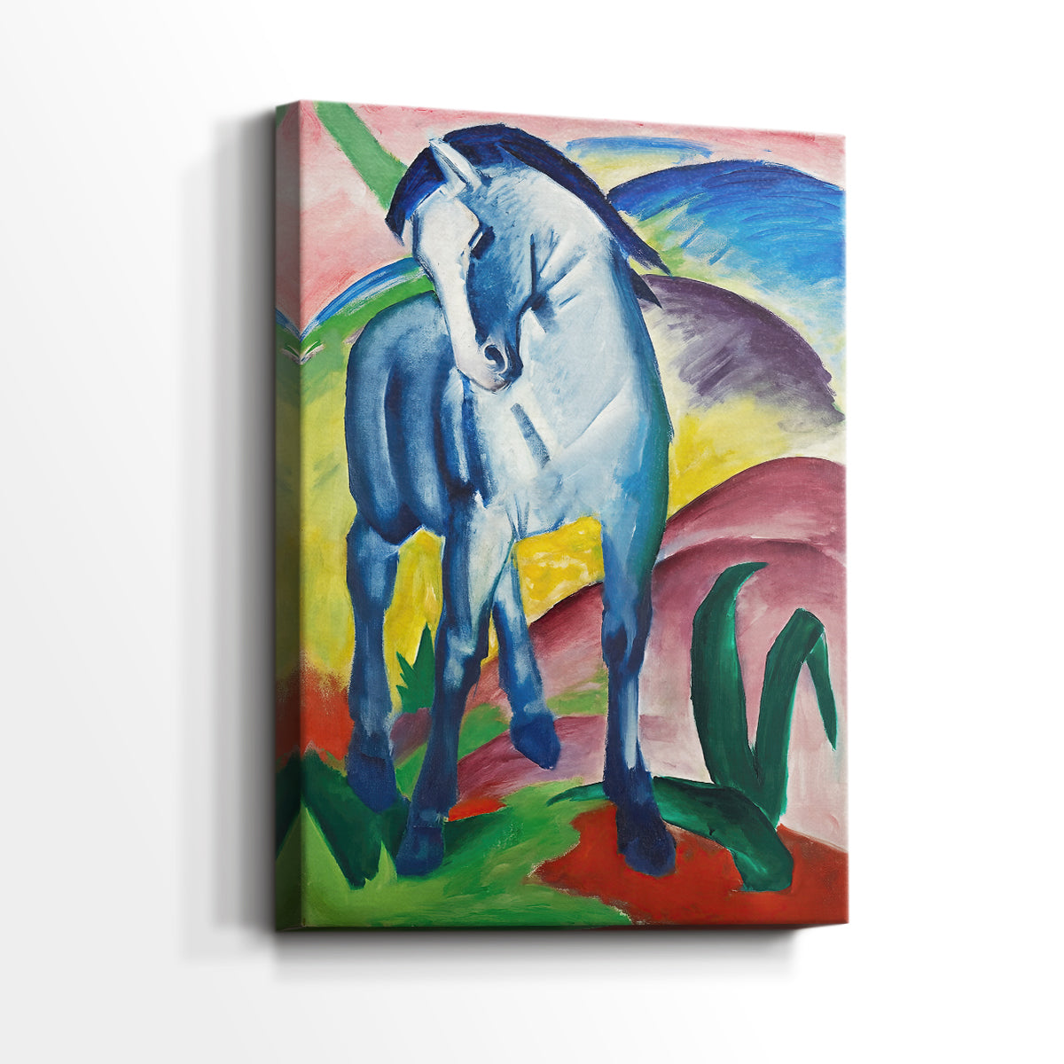 Side view of a canvas art print of a vibrant composition with a horse and flowing shapes, showing gallery-wrapped depth.