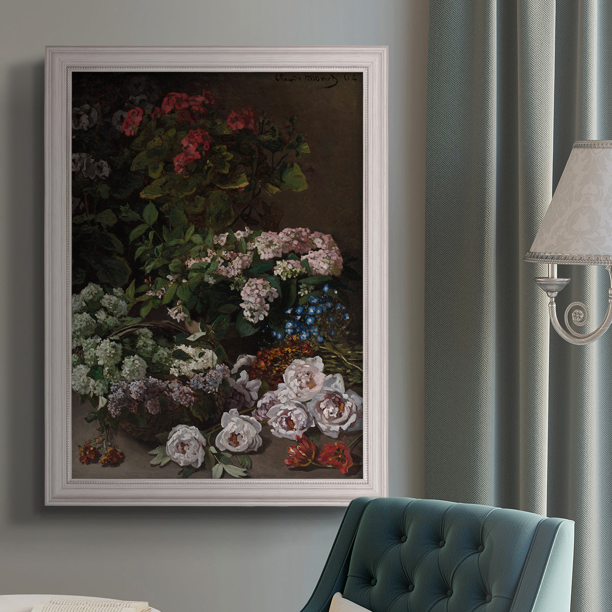 Early impressionist floral painting by Claude Monet in an {frame_style_descriptor} displayed in a neutral interior setting.