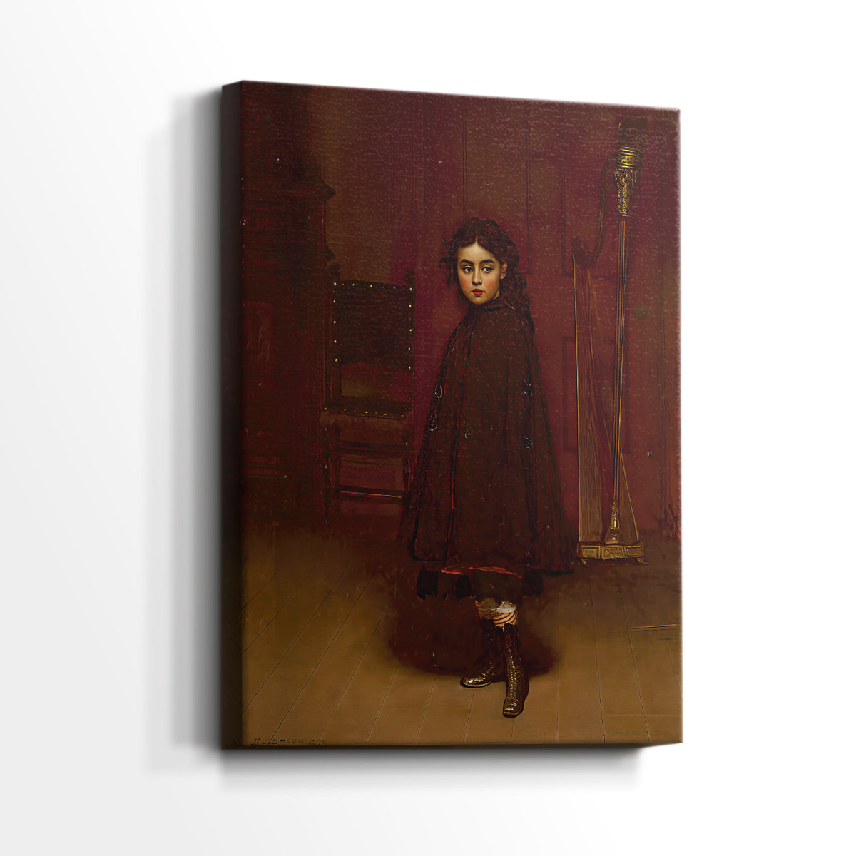 Side view of a canvas art print of a quiet composition with a seated figure and delicate detail, showing gallery-wrapped depth.
