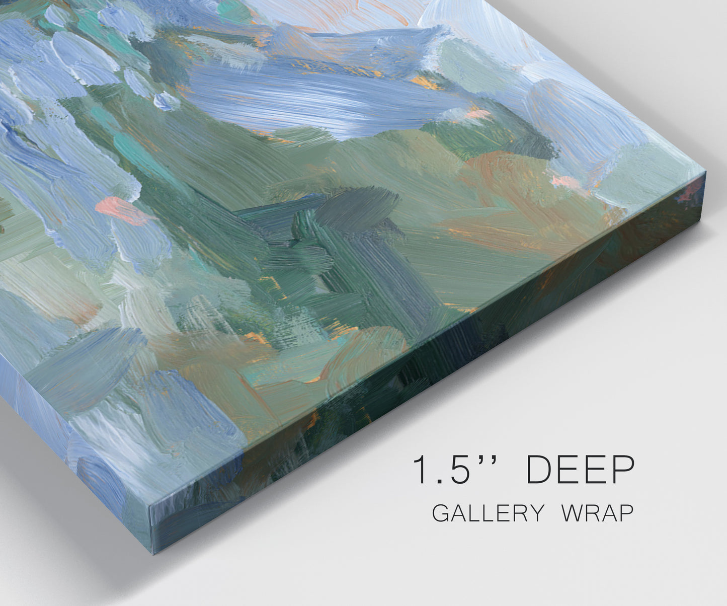 Close-up view of wrapped canvas corner featuring abstract landscape composition study.