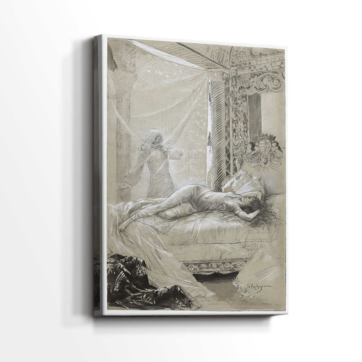 Side view of a canvas art print of a quiet composition with elegant drapery and subtle tones, showing gallery-wrapped depth.