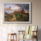 Romantic allegorical landscape painting by Jasper Francis Cropsey in an ornate weathered white frame displayed in a light-toned interior setting.