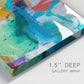 Close-up view of wrapped canvas corner featuring layered abstract observational color blocks.