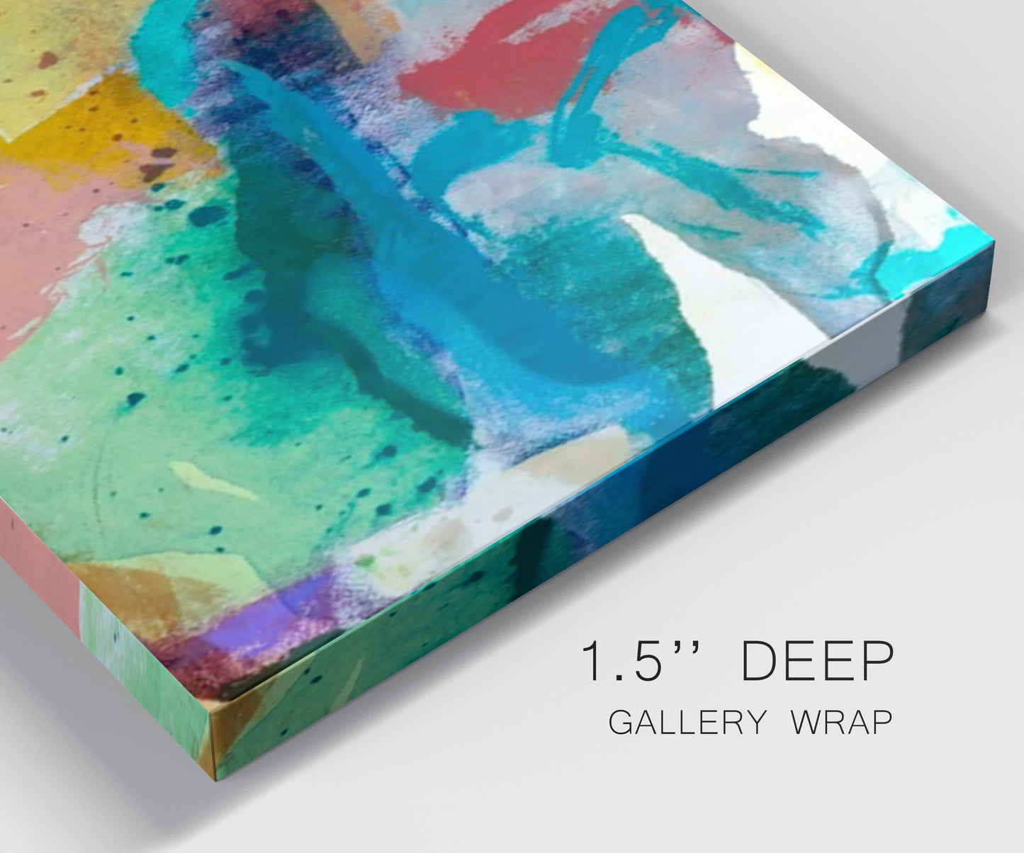 Close-up view of wrapped canvas corner featuring layered abstract observational color blocks.