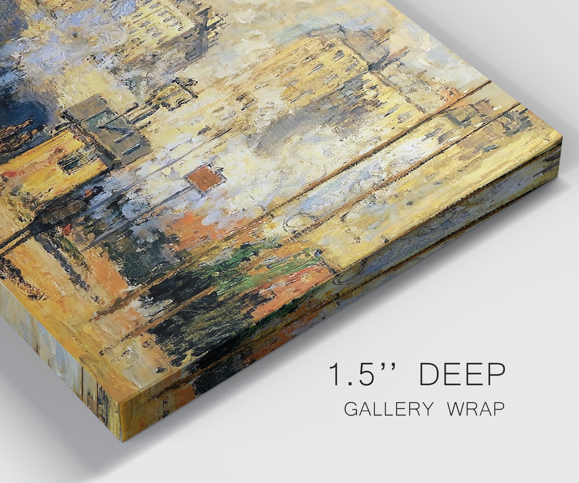 Close-up view of wrapped canvas corner featuring calm tropical shoreline at dusk.