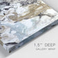 Close-up view of wrapped canvas corner featuring marbled modern abstract textures.