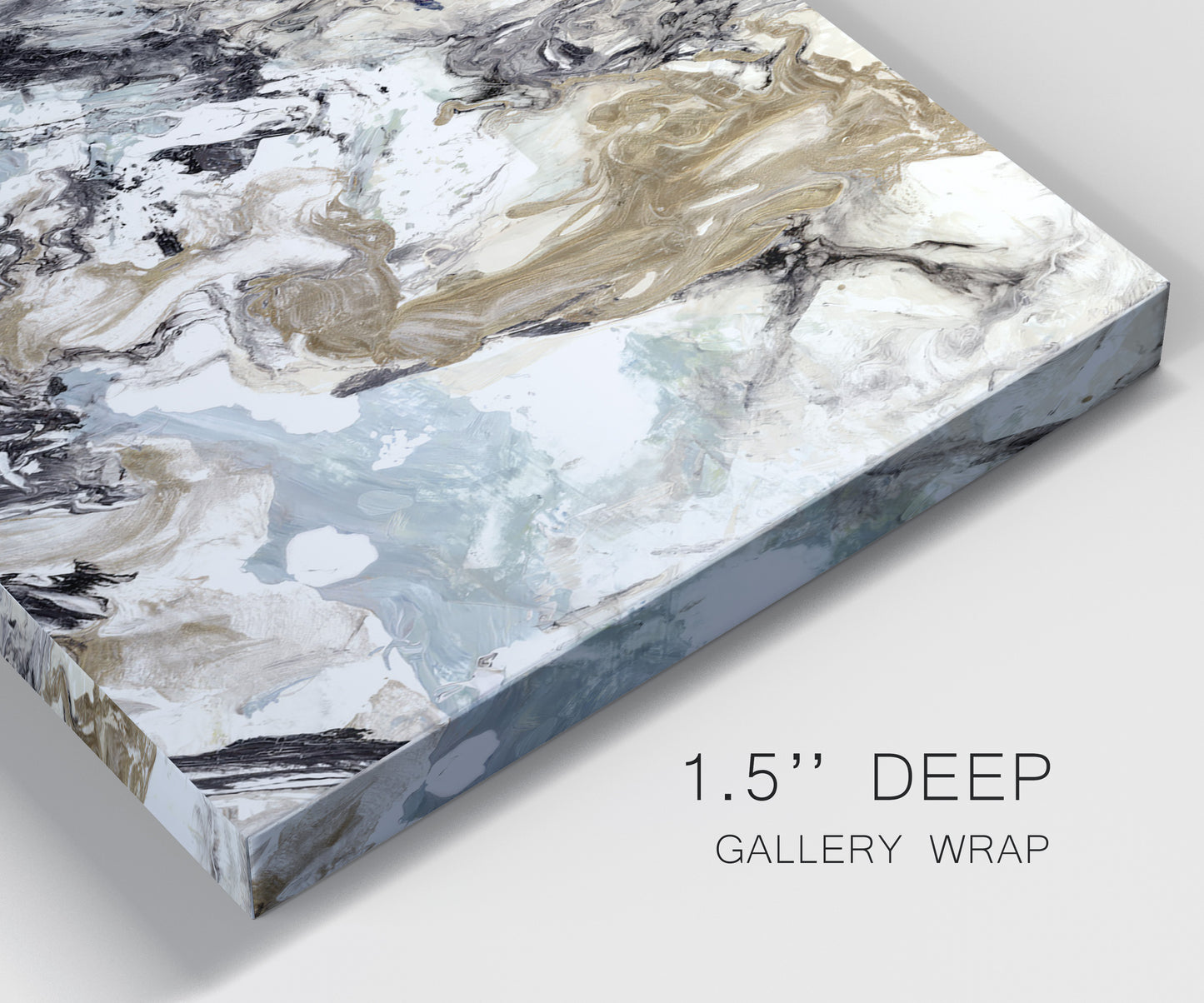 Close-up view of wrapped canvas corner featuring marbled modern abstract textures.