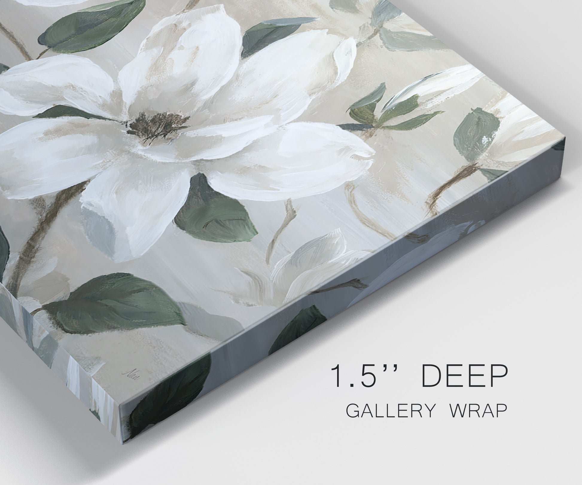 Close-up view of wrapped canvas corner featuring soft southern floral charm.