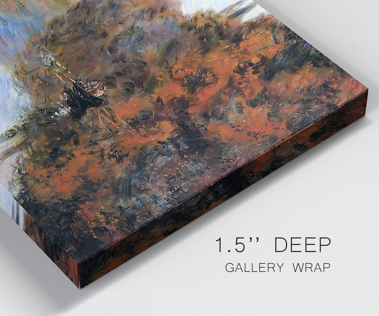 Close-up view of wrapped canvas corner featuring rowboat on quiet river bend.