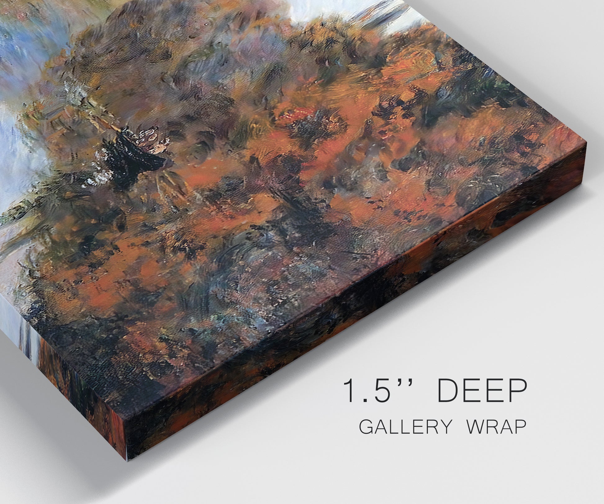 Close-up view of wrapped canvas corner featuring rowboat on quiet river bend.