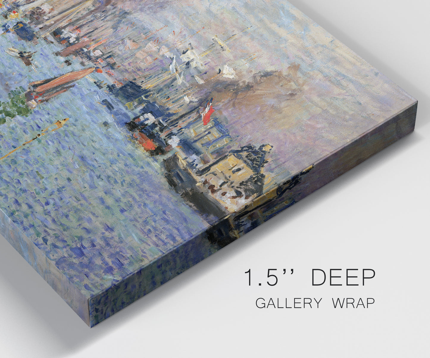 Close-up view of wrapped canvas corner featuring evening harbor with reflections.