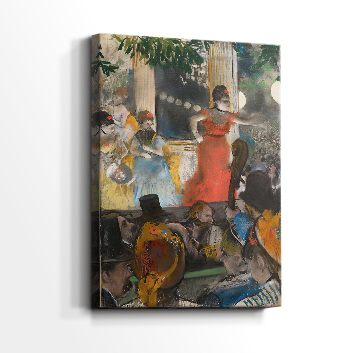 Side view of a canvas art print of a social composition with music and entertainment elements, showing gallery-wrapped depth.