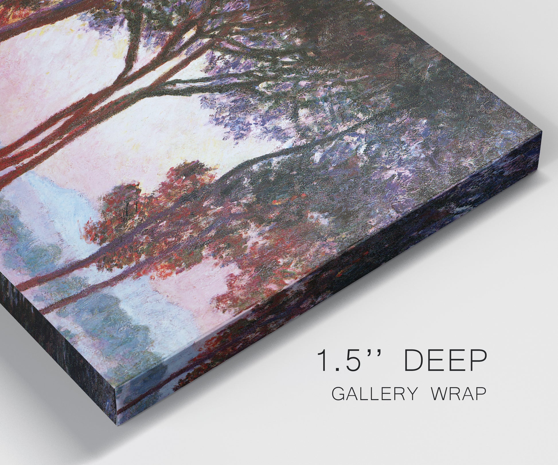 Close-up view of wrapped canvas corner featuring sunlit pines along mediterranean coast.