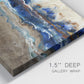 Close-up view of wrapped canvas corner featuring abstract coastal jewel toned composition.