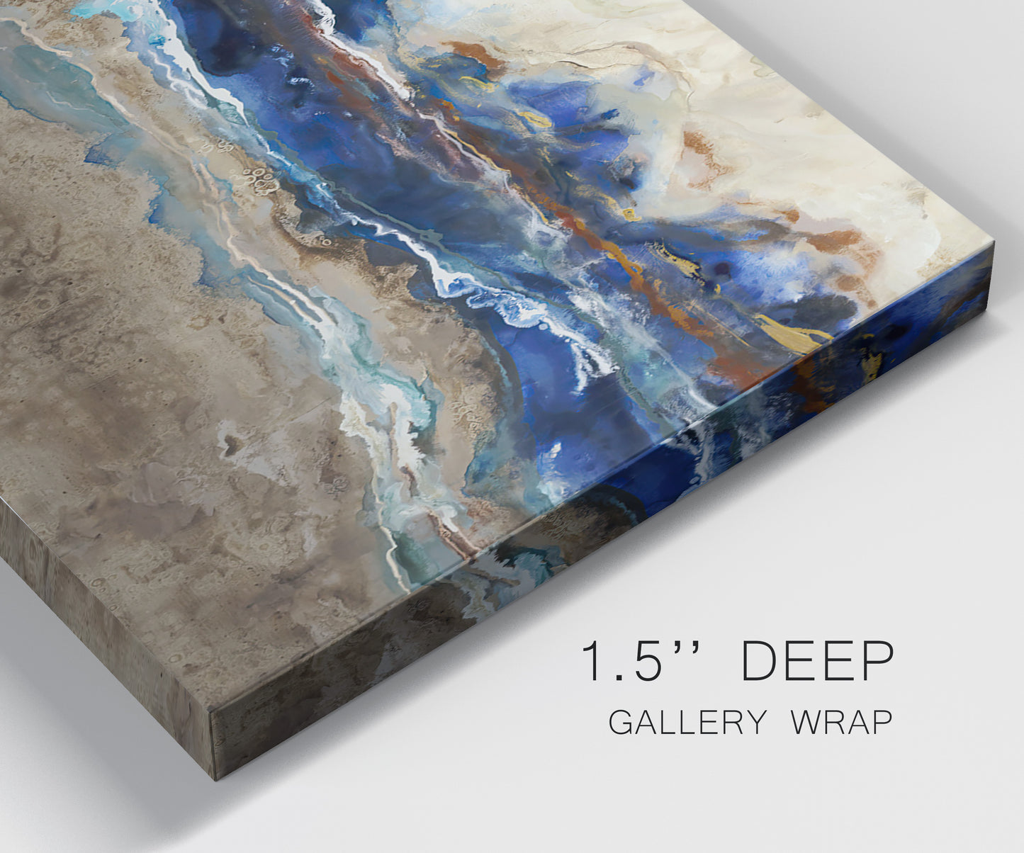 Close-up view of wrapped canvas corner featuring abstract coastal jewel toned composition.