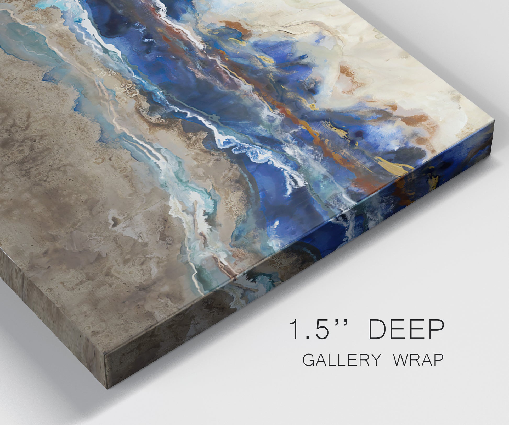Close-up view of wrapped canvas corner featuring abstract coastal jewel toned composition.