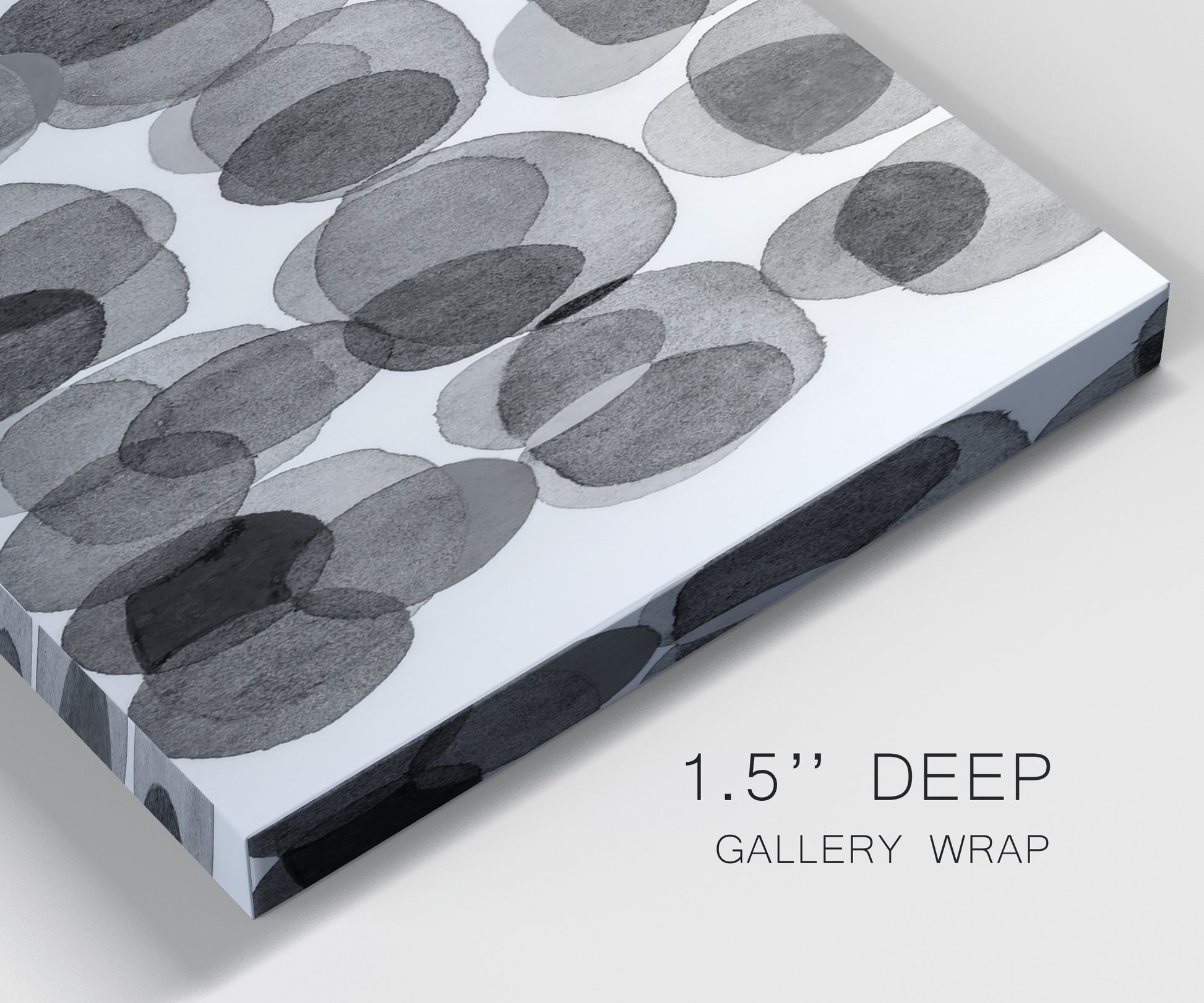 Close-up view of wrapped canvas corner featuring geometric abstract watercolor forms.