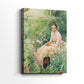 Side view of a canvas art print of a calm outdoor portrait with muted colors and relaxed pose, showing gallery-wrapped depth.