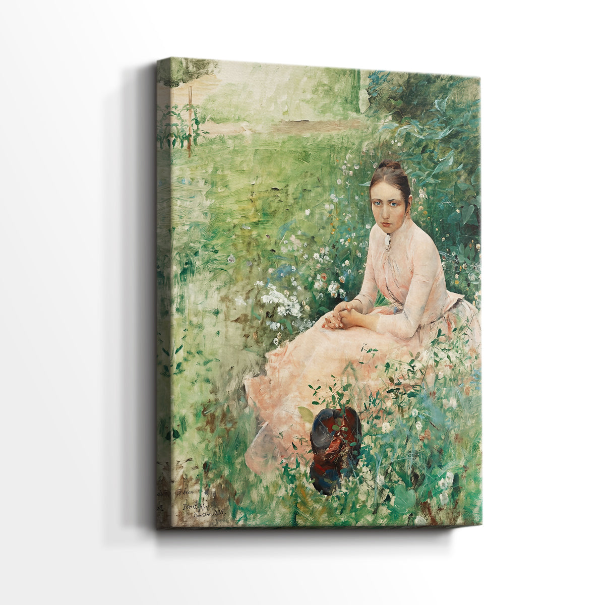 Side view of a canvas art print of a calm outdoor portrait with muted colors and relaxed pose, showing gallery-wrapped depth.