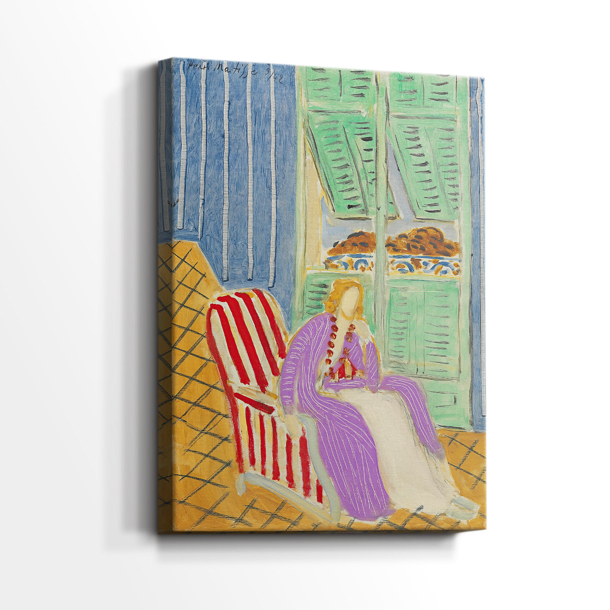 Side view of a canvas art print of a decorative interior with strong color contrast, showing gallery-wrapped depth.