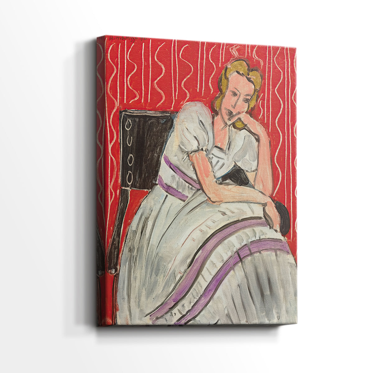 Side view of a canvas art print of a stylized portrait with minimal detail and balanced color, showing gallery-wrapped depth.