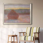 Impressionist haystack sunset scene in winter by Claude Monet in an ornate champagne frame displayed in a light-toned interior setting.