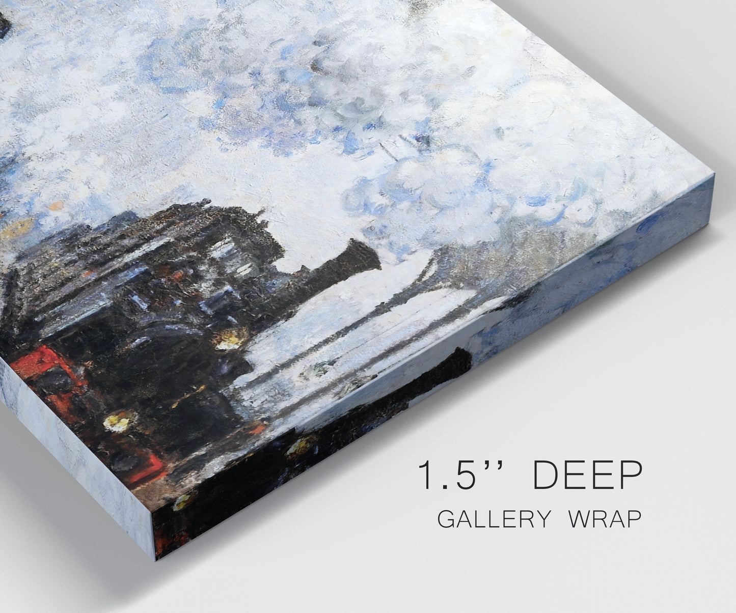 Close-up view of wrapped canvas corner featuring playful peach toned floral composition.