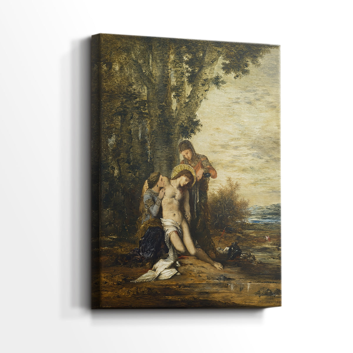 Side view of a canvas art print of a figure in a tense pose with soft illumination, showing gallery-wrapped depth.
