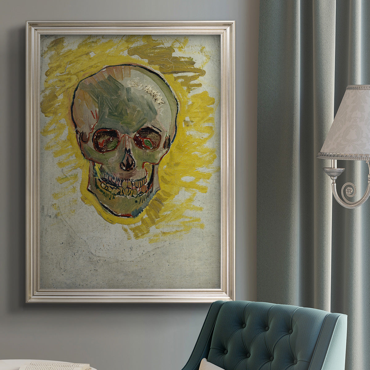 Expressive skull study painting by Vincent van Gogh in an {frame_style_descriptor} displayed in a neutral interior setting.