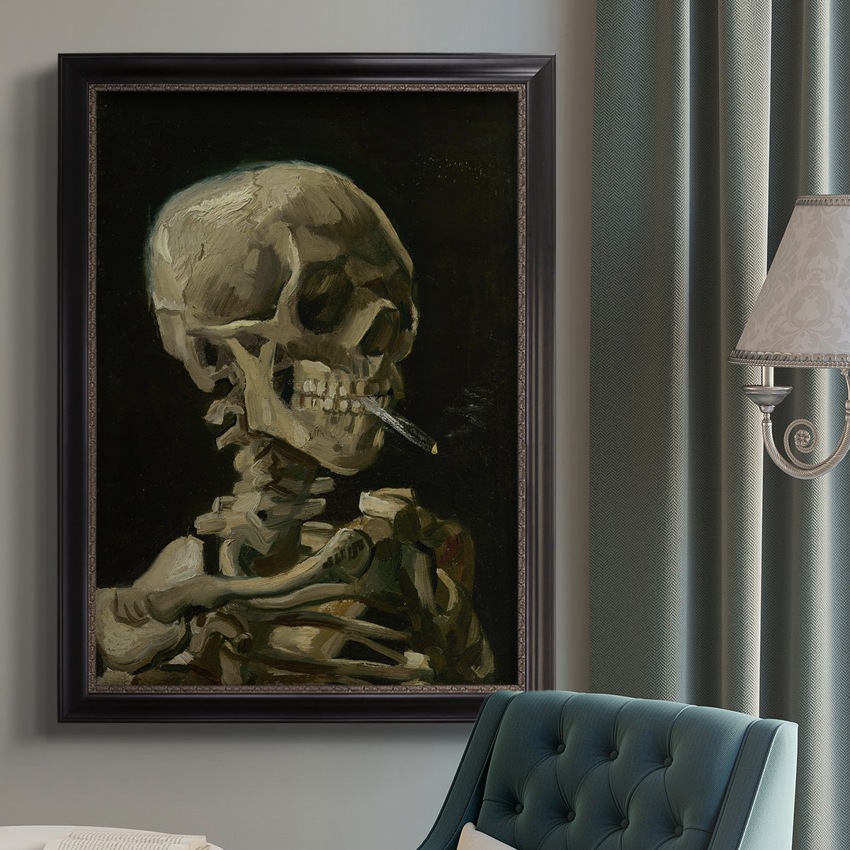 Head of a Skeleton with a Burning Cigarette - Ornate Framed Canvas Print