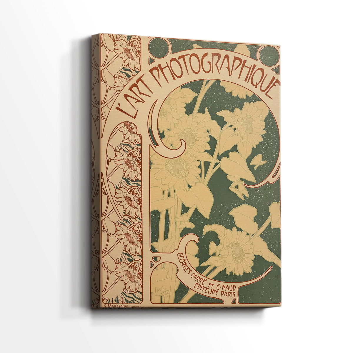 Side view of a canvas art print of a decorative poster with elegant lines and soft tones, showing gallery-wrapped depth.