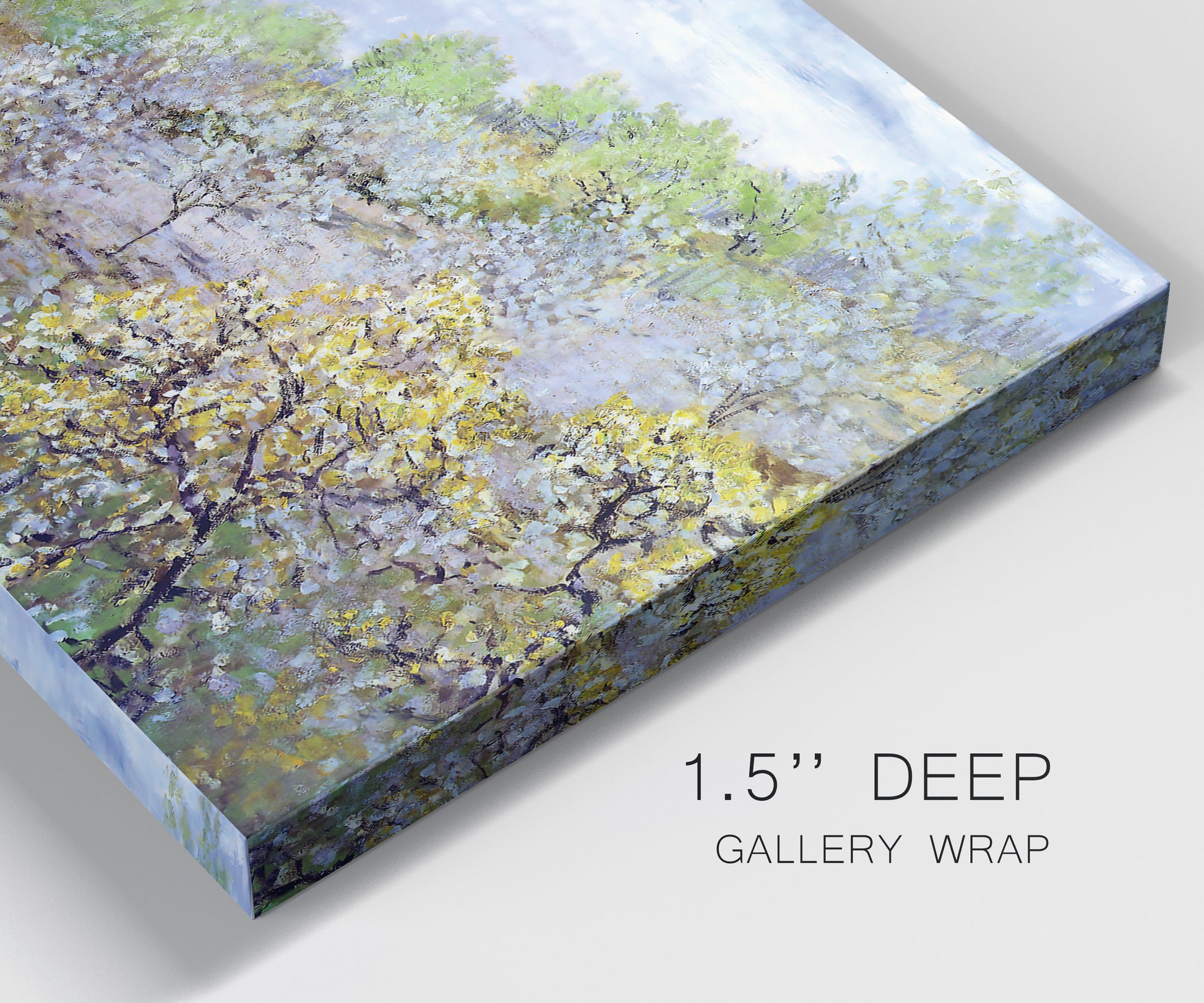 Close-up view of wrapped canvas corner featuring spring orchard in full bloom.