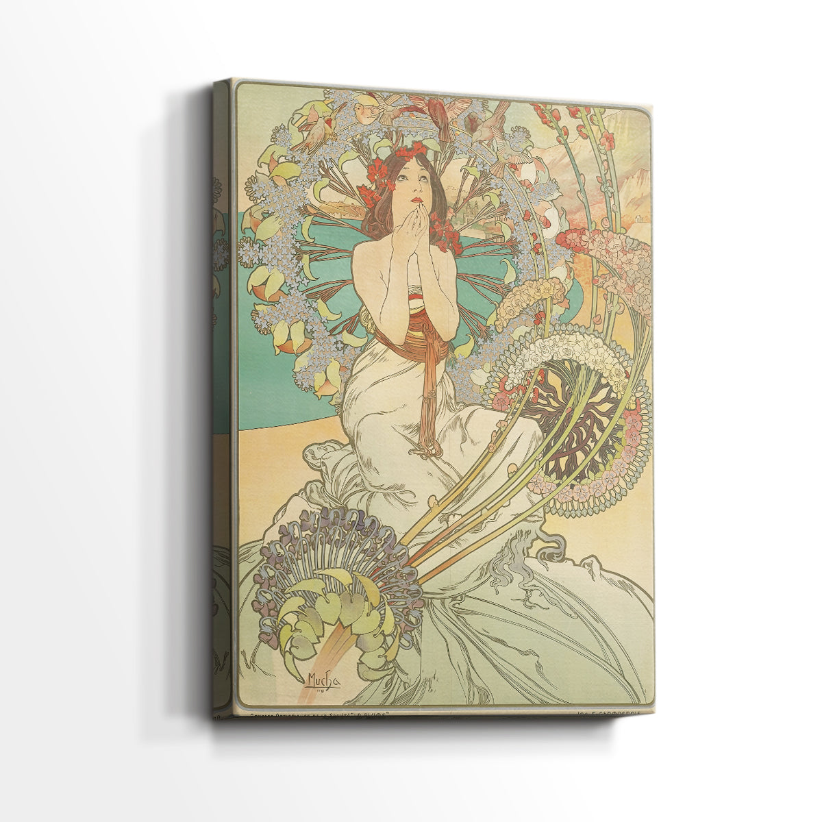 Side view of a canvas art print of a decorative poster with flowing lines and soft tones, showing gallery-wrapped depth.