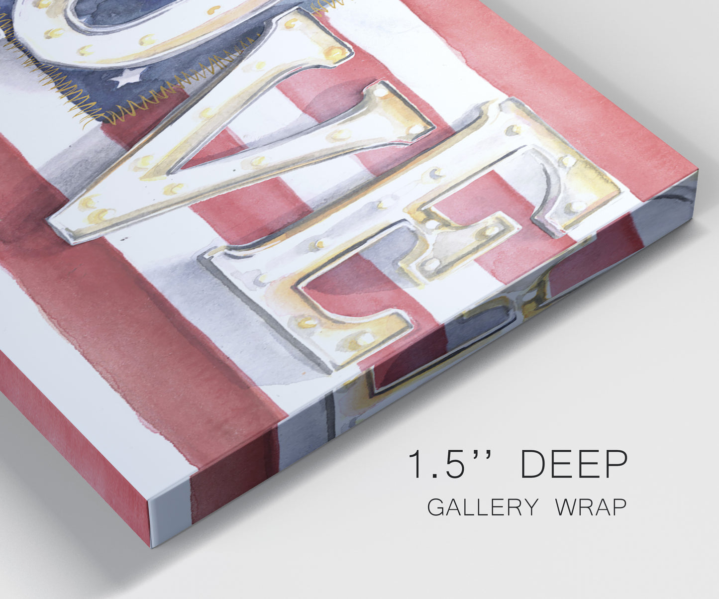 Close-up view of wrapped canvas corner featuring patriotic rustic typography art.