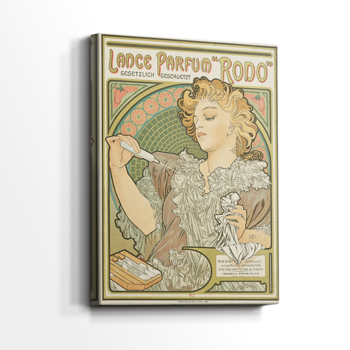 Side view of a canvas art print of a stylized poster with elegant female figure and flowing lines, showing gallery-wrapped depth.