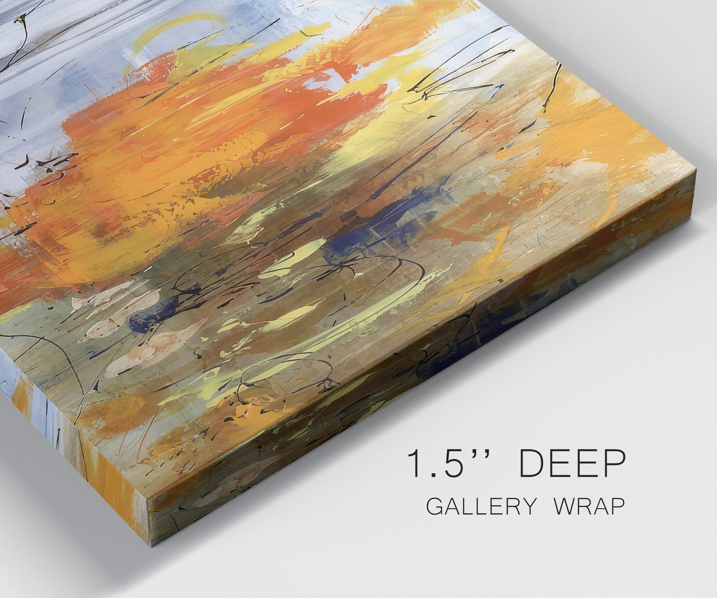 Close-up view of wrapped canvas corner featuring abstract warm sunset tones.