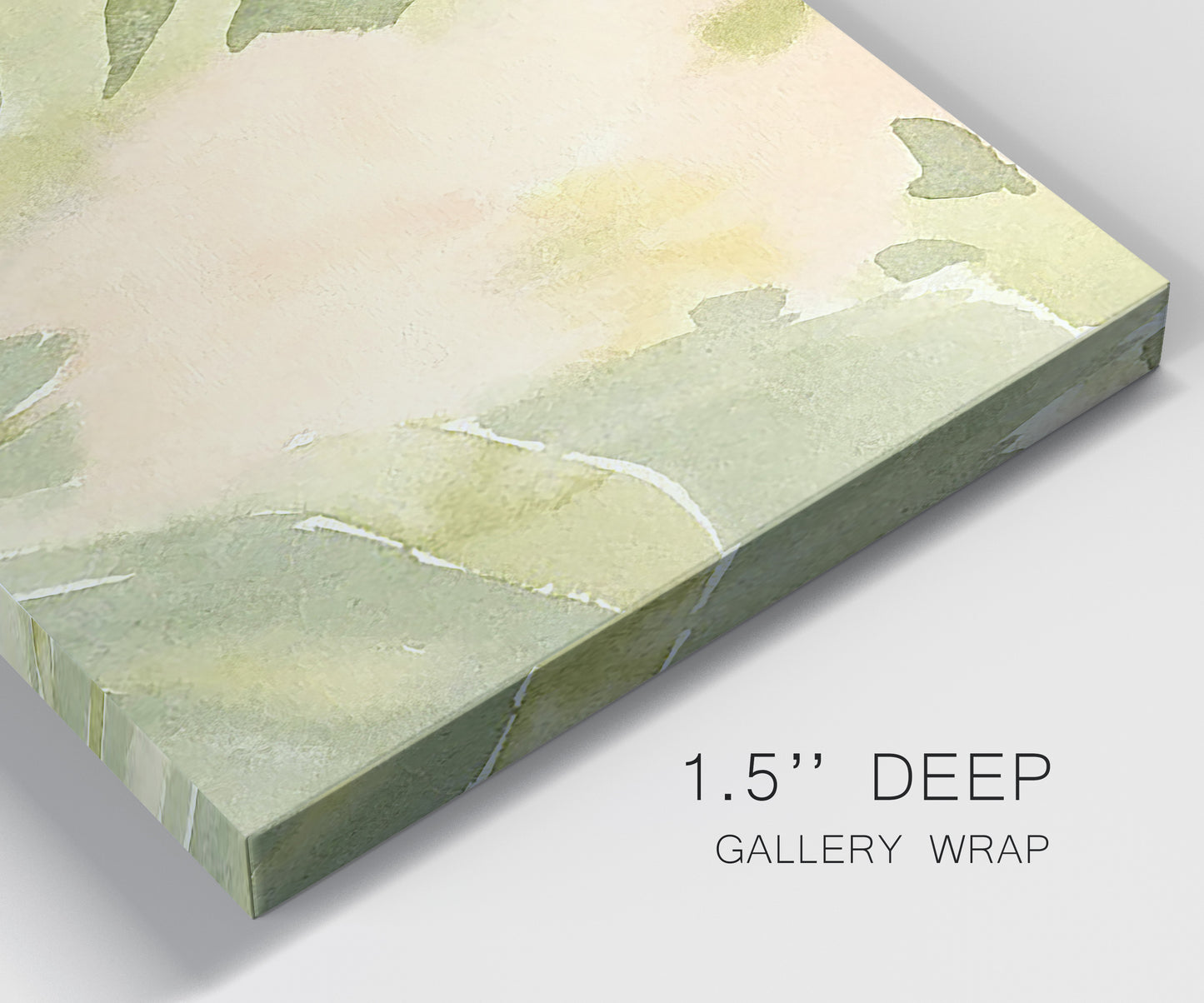 Close-up view of wrapped canvas corner featuring minimal verdant floral abstraction.