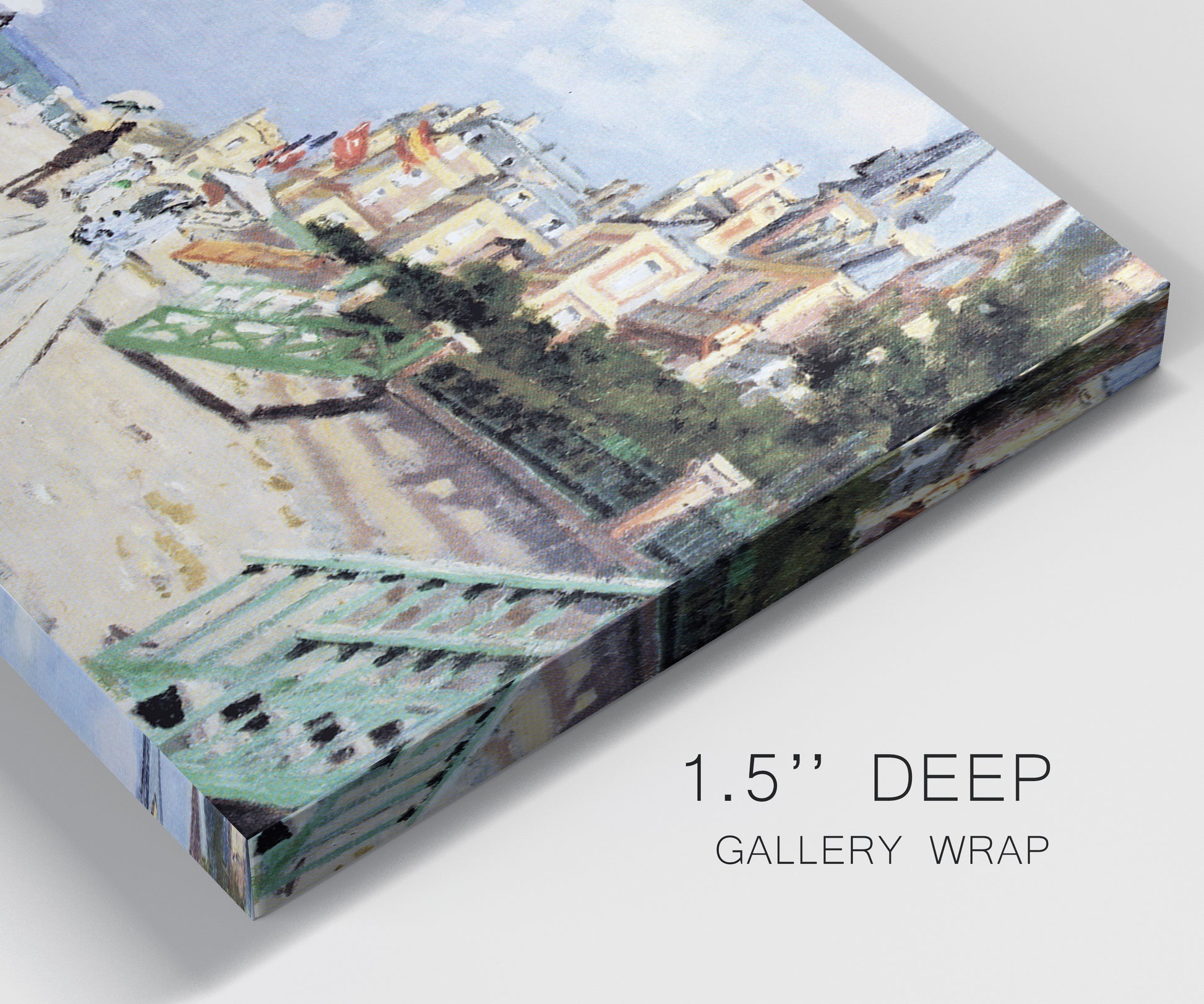 Close-up view of wrapped canvas corner featuring figures strolling along beach.