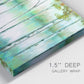 Close-up view of wrapped canvas corner featuring calm lake framed by aspen trees.