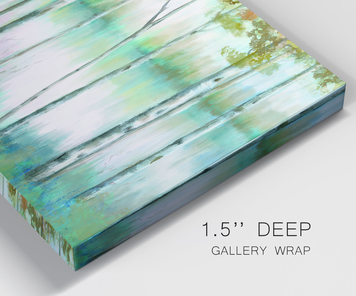 Close-up view of wrapped canvas corner featuring calm lake framed by aspen trees.