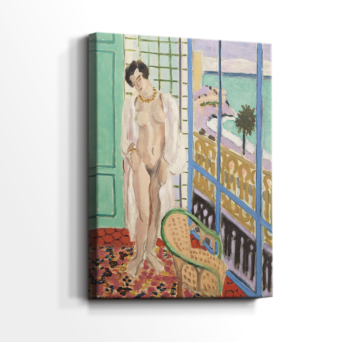 Side view of a canvas art print of a modern composition with simple forms and window view, showing gallery-wrapped depth.