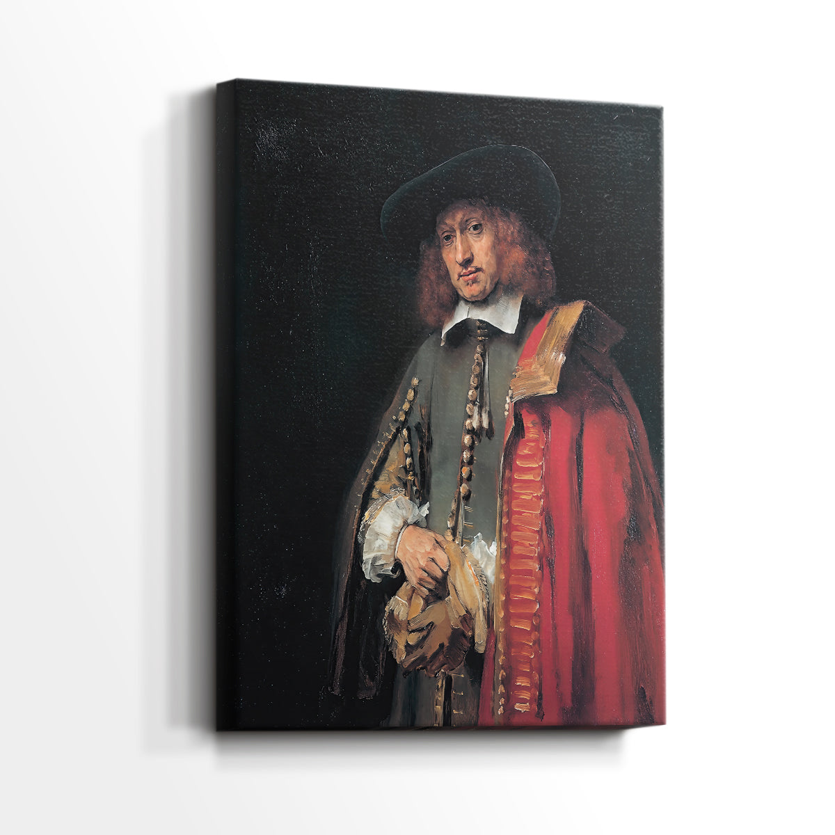 Side view of a canvas art print of a classic portrait with warm shading and detail, showing gallery-wrapped depth.
