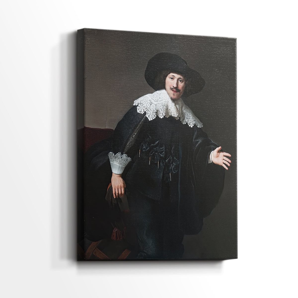Side view of a canvas art print of a composed portrait with gentle contrast and depth, showing gallery-wrapped depth.